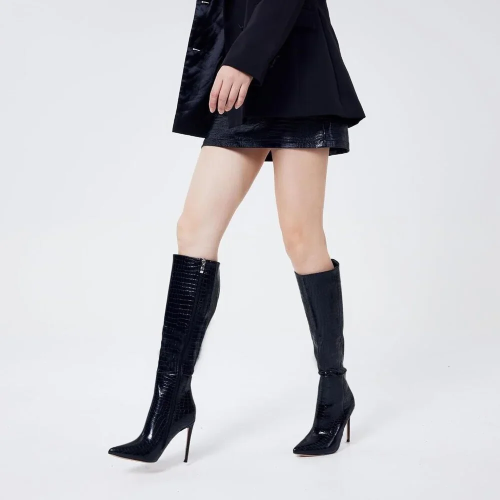 Women's Black Leather Suede Knee High Stiletto Tall Pointed Toe Stylish Boot